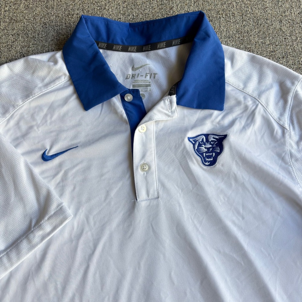 Nike Polo Mens Large White Blue Dri-FIT Short Sleeve Embroidered Wildcat Logo